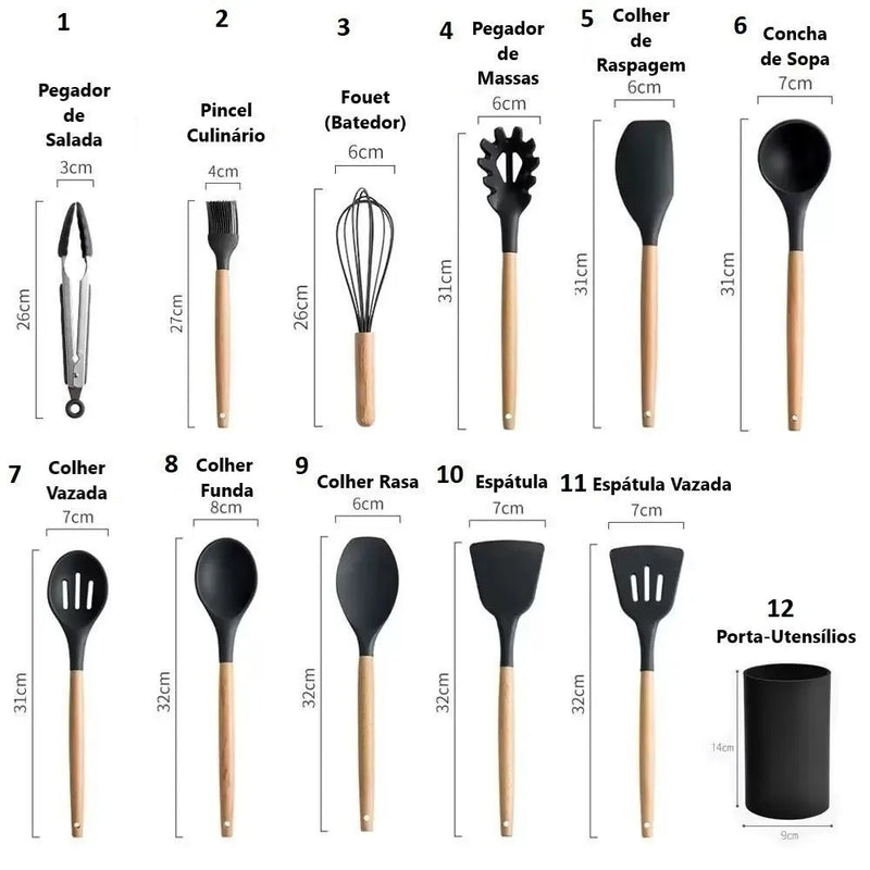 Jogo de Cozinha Kit C/12 Peças de Silicone, Cabo de Madeira, Utensílios e Copo Suporte para Cozinha.