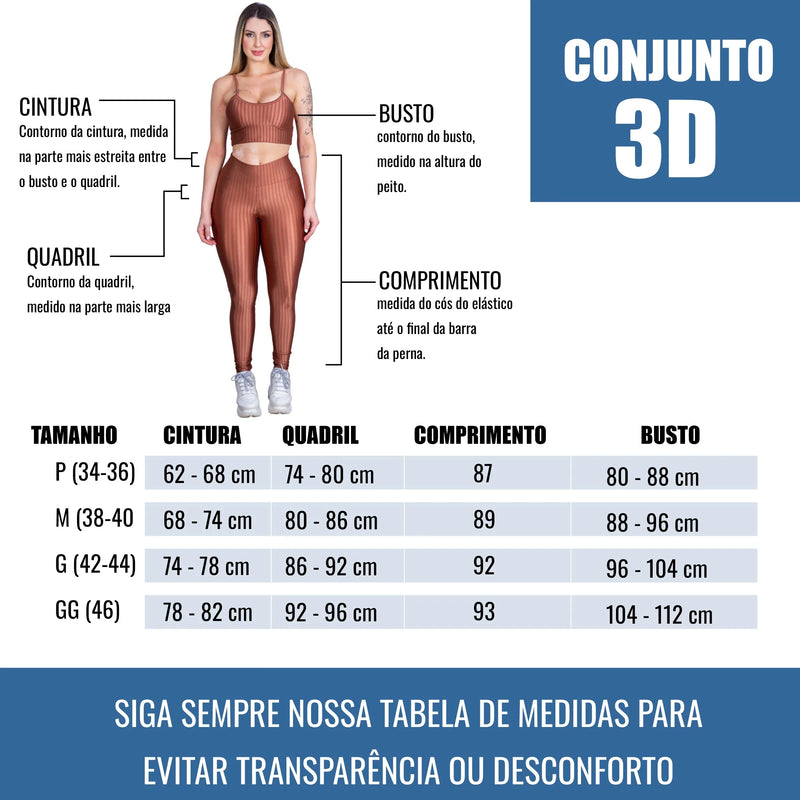 Conjunto Feminino Top Legging 3D Academia, Cintura Alta, Levanta Bumbum