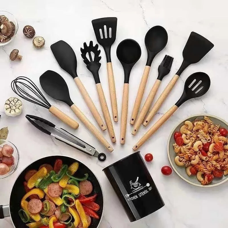 Jogo de Cozinha Kit C/12 Peças de Silicone, Cabo de Madeira, Utensílios e Copo Suporte para Cozinha.