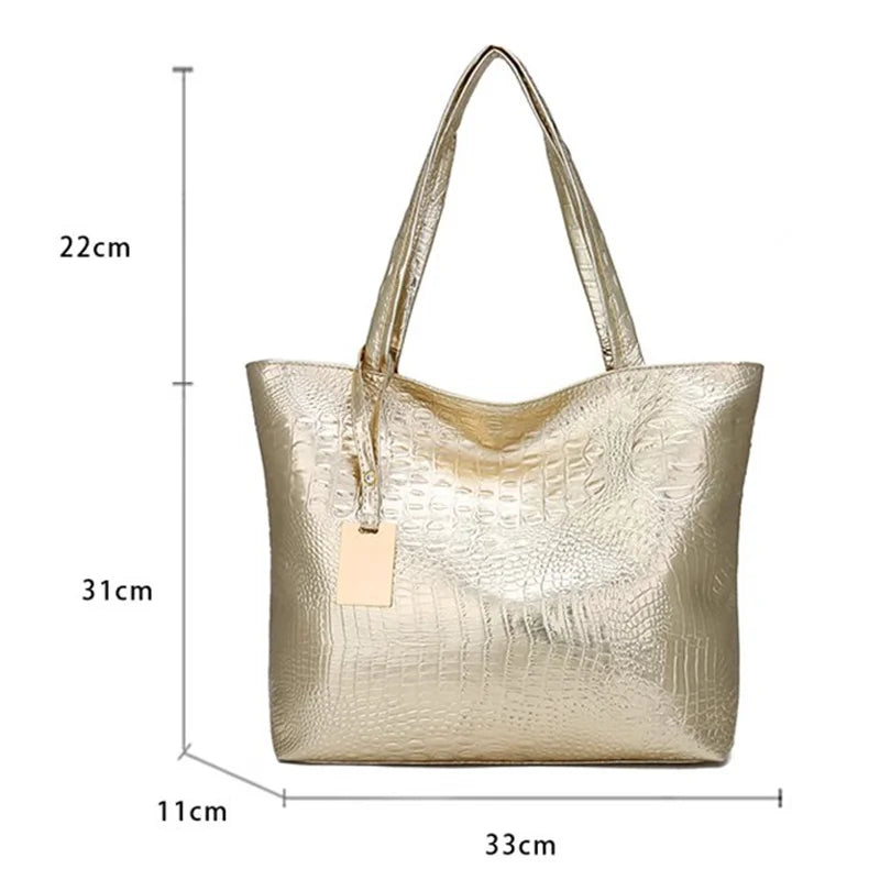 Bolsa de couro PU crocodilo para mulheres, bolsas de ombro casuais, sacola grande, bolsa feminina, prata, ouro, preto, feminino, marca de moda.