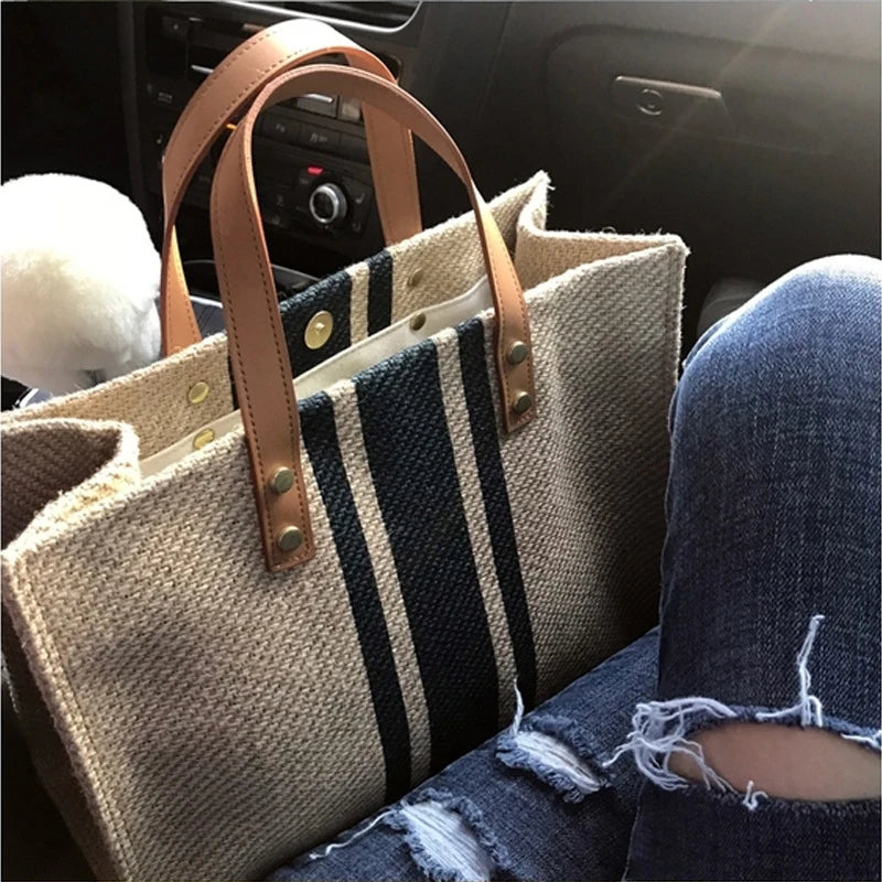 Bolsa de Lona - Simples Canvas Stripe Decor Bucket Handbags Mulheres Top Handle Tote Bag Grande Capacidade Casual Ombro Crossbody Bags