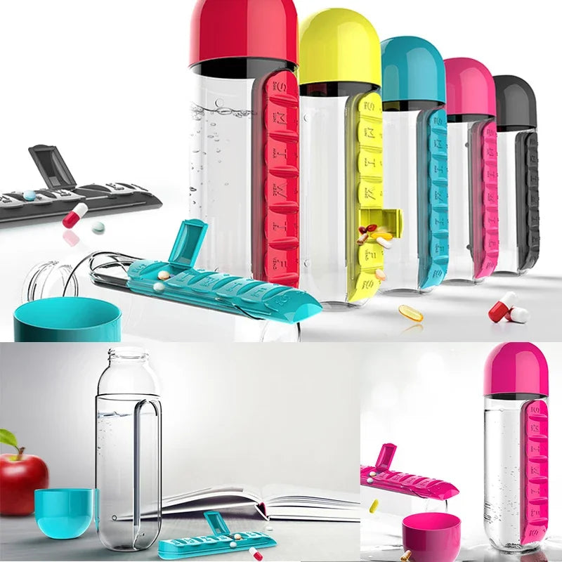 Portable Water Bottle With Built-in Pill Box for Medicines, Vitamins, Perfect for Outdoor, Gym, Fitness, Camping and Traveling