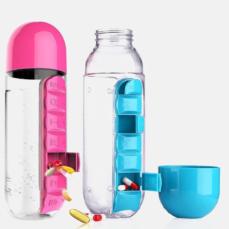 Portable Water Bottle With Built-in Pill Box for Medicines, Vitamins, Perfect for Outdoor, Gym, Fitness, Camping and Traveling